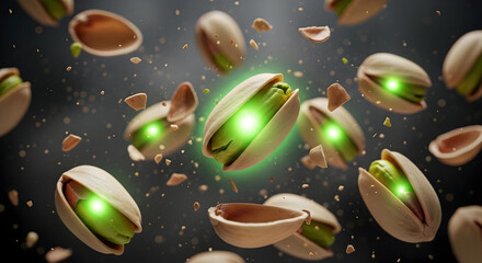 Pistachios floating in the air with green glowing centers.