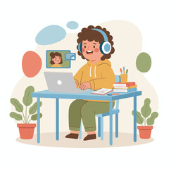 Vector illustration concept of a boy studying online on a tablet, flat style, isolated on a white background