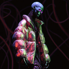 A stunning futuristic model wearing a holographic jacket embodies modern fashion, showcasing bold colors and sci-fi aesthetics.
