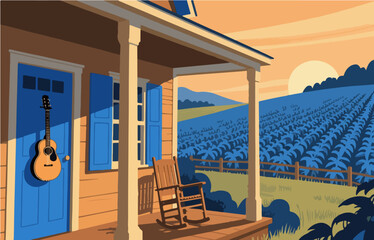 American style rural residential architecture and scenery, vector graphics