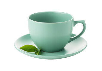 Isolated teal teacup with green tea leaf on saucer, on a soft, bright setting, modern aesthetic