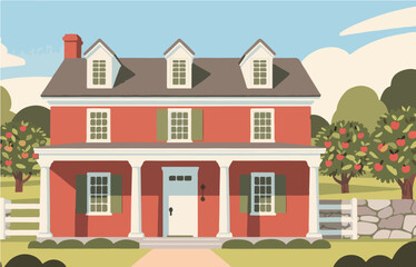 American style rural residential architecture and scenery, vector graphics