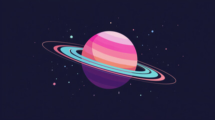 An artistic depiction of a pink and blue planet encircled by stylized rings, set against a deep space backdrop with stars.