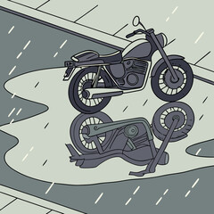 Two Motorcycles in a Puddle During a Rainstorm