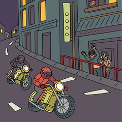 Two Motorcycle Riders Speeding Through a Night City Street