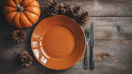 . A rustic wooden table setting with burgundy napkins and a pinecone centerpiece, glowing warmly. lifestyle magazines, social media lookbooks, designed for influencer and brand collaborations.