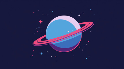 A minimalistic depiction of a blue planet with smooth rings, radiating tranquility amidst a star-filled space scenery.