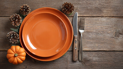 . A rustic wooden table setting with burgundy napkins and a pinecone centerpiece, glowing warmly. lifestyle magazines, social media lookbooks, designed for influencer and brand collaborations.