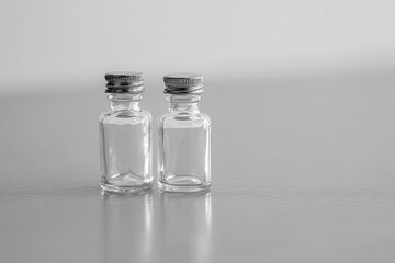 Two small, clear glass bottles with metal caps on a light gray surface