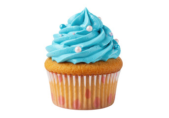 Isolated cupcake with blue frosting and sprinkles for dessert or birthday celebration