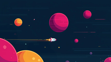 A vibrant cartoon rocket navigates through a starry space filled with bold planets and cosmic elements.