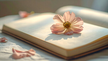 Blooming Pages: A delicate cosmos flower rests gently on the open pages of a book, inviting readers to immerse themselves in its beauty.