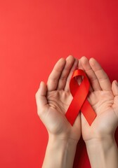 Close up of hands holding red ribbon for world aids day awareness campaign