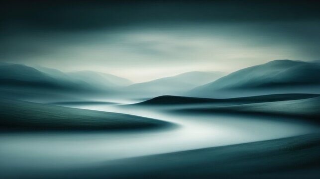 Dreamy teal landscape rolling hills and misty river