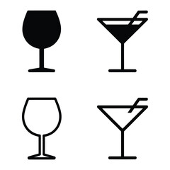 wine and martini glass icon set – solid and outline drinkware symbols for bar, menu, beverage, cocktail, alcohol, and ui design projects