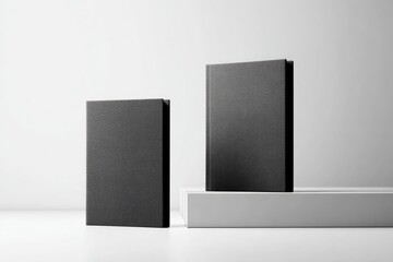 Two black books on a white surface
