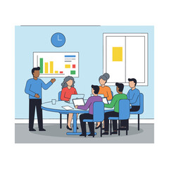 Welcome to the team! Two men shake hands and smile at each other while their coworkers sit in the business meeting