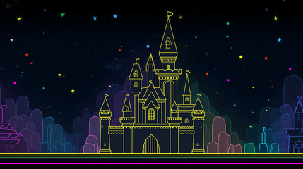 An enchanting neon outline of a fairytale castle set against a beautiful starry night, capturing a whimsical dreamlike essence.