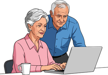 An old couple with laptop vector illustration