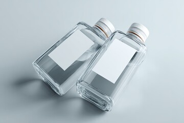 Two clear glass bottles with white labels on a light gray surface