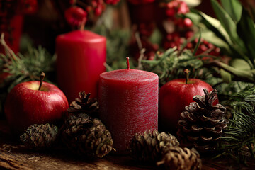. A rustic wooden table setting with burgundy napkins and a pinecone centerpiece, glowing warmly. lifestyle magazines, social media lookbooks, designed for influencer and brand collaborations.