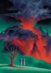 A dramatic scene showcasing a volcano erupting amidst a surreal landscape, evoking feelings of awe and fear in the viewer.