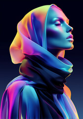 A stunning portrayal of a woman showcasing flowing colors and a modern outfit, reflecting beauty and elegance in a unique style.