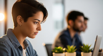 Focused Office Worker Dedicated professionals collaborating in modern workspace, exhibiting seriousness and concentration