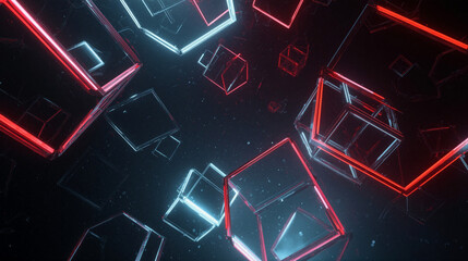 Dynamic display of neon geometric shapes floating in a dark space with vibrant colors and captivating lighting effects