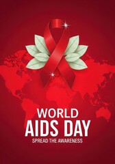 World aids day awareness poster with red ribbon and world map background