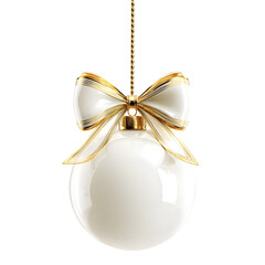 A beautiful white christmas ornament with a gold and white bow, isolated on a transparent background, perfect for holiday decorations and festive designs