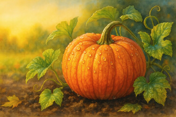 Autumn-themed commercial illustration of "pumpkin on the patch with dew" for seasonal decoration