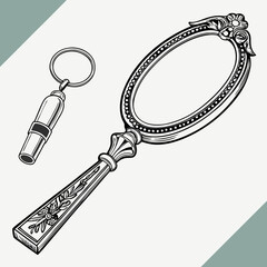 Vintage Hand Mirror and Whistle Keychain Line Art Illustration