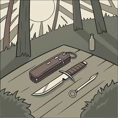 Vintage Knives and Bottle in Sunny Forest Setting