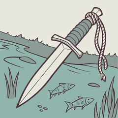 Vintage Illustration of Dagger Submerged in Teal River with Fish