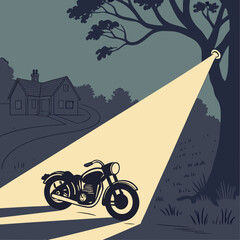Vintage Motorcycle Illuminated by Spotlight at Night