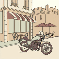 Vintage Motorcycle Parked Outside a Parisian Cafe