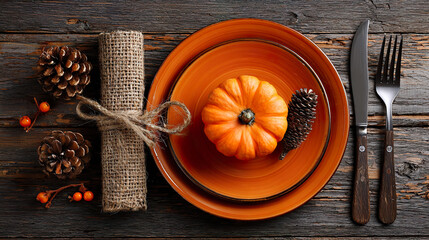 . A rustic wooden table setting with burgundy napkins and a pinecone centerpiece, glowing warmly. lifestyle magazines, social media lookbooks, designed for influencer and brand collaborations.