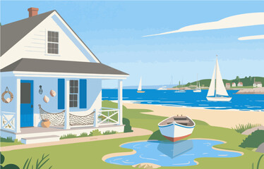 Fototapeta premium American style rural residential architecture and scenery, vector graphics