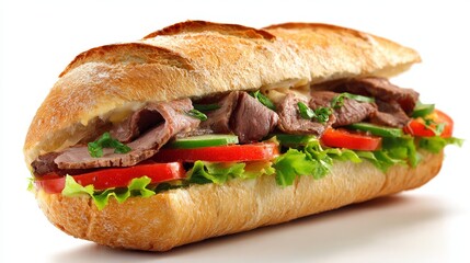 A tasty roast beef sandwich is served on a crusty baguette and includes fresh lettuce and onions