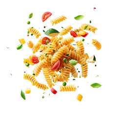 Obraz premium Fusilli Pasta with Tomatoes Basil and Spices Flying Transparent Background