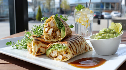 Grilled chicken wraps served with guacamole and a cocktail in a modern outdoor setting