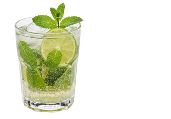 Isolated mojito cocktail in glass, beverage with lime and mint, tropical drink, refreshing