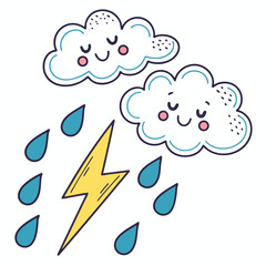 A simple digital illustration of two smiling clouds. They are both shedding blue teardrop-shaped raindrops, and a yellow lightning bolt is shown between them.