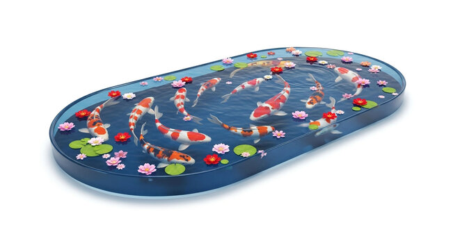Overhead shot of a decorative tray featuring a koi pond design with colorful koi fish, water lilies, and pink flowers isolated on white background - Powered by Adobe