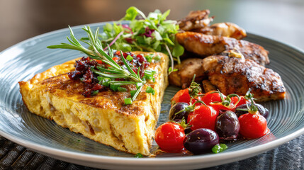 Colorful platter of gourmet omelet, grilled chicken, fresh salad, cherry tomatoes, and olives on a stylish plate