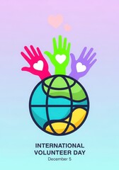 International volunteer day poster with hands and globe on light background
