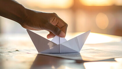 Paper Boat's Maiden Voyage: A hand tenderly guides a paper boat across the reflective surface, evoking a sense of aspiration and new beginnings under a warm, inviting light.