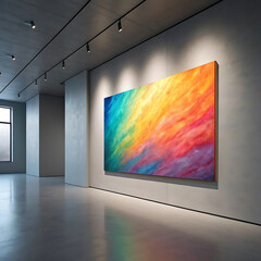 Fototapeta premium Vibrant abstract artwork displayed in a modern art gallery with dramatic spotlighting on the canvas
