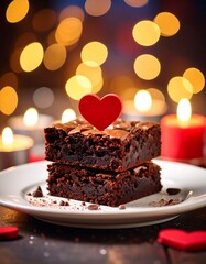 Chocolate brownie dessert, romantic setting